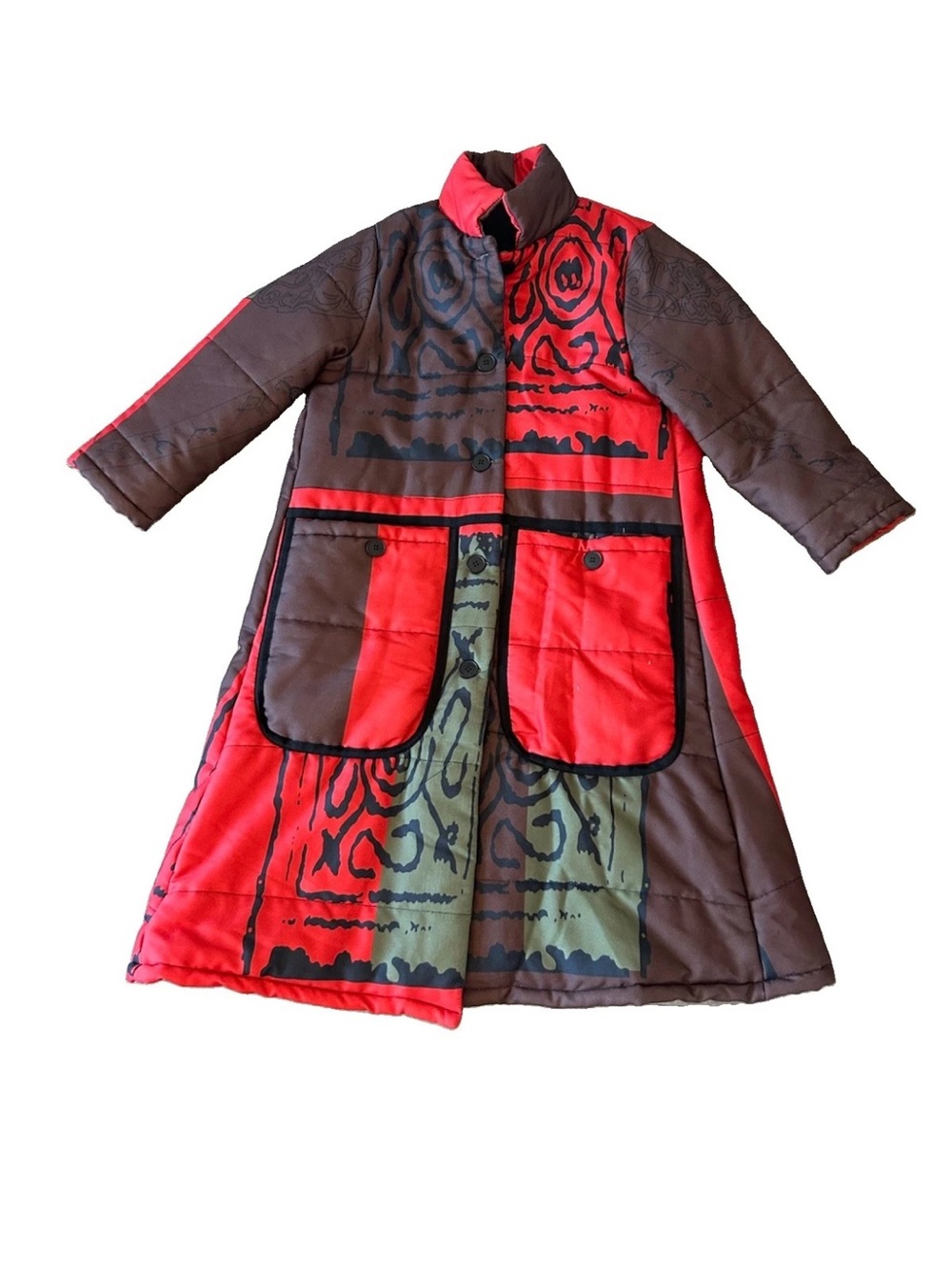 VTG 90s Art To Wear Quilted Long Coat Abstract Boho Duster Jacket S/M Oversized